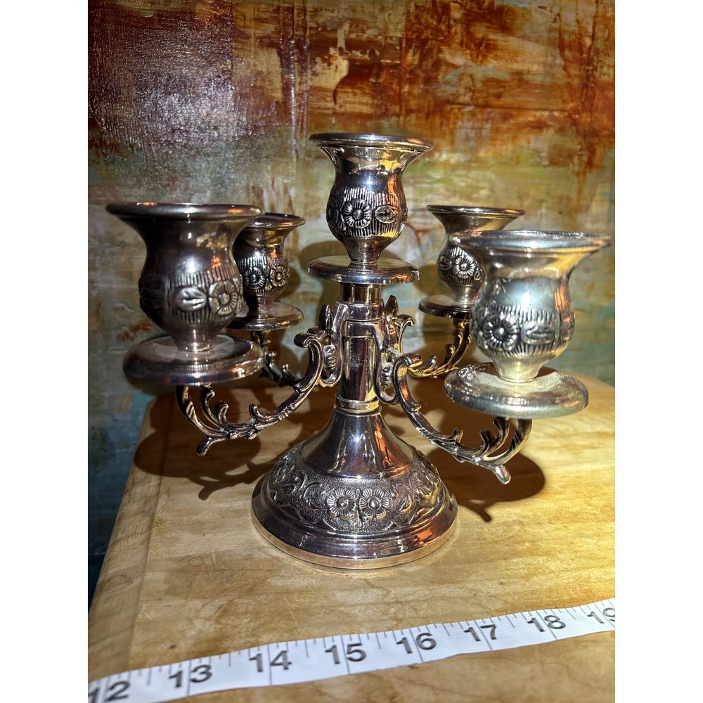 Vintage Silver Plated 5 Light Candelabra Ornate Floral Embossed 7 In Centerpiece - Picture 1 of 6